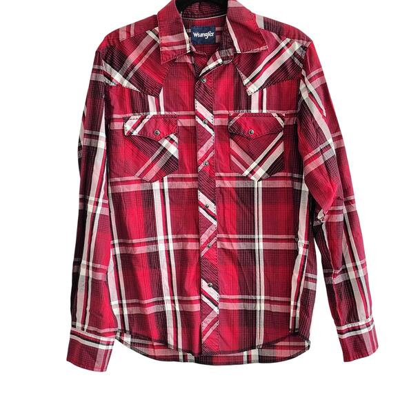 Wrangler Men Medium Red Black Plaid Pearl Snap Button Front Long Sleeve Shirt - Picture 1 of 7